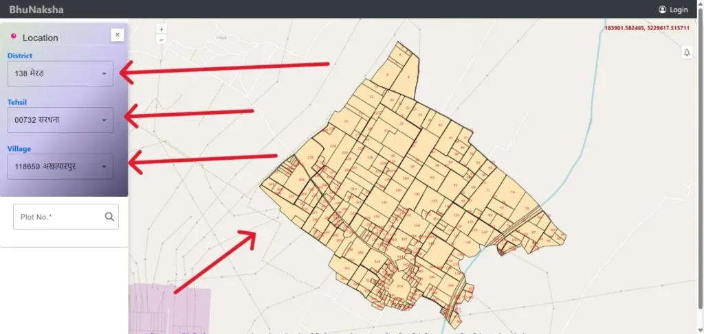 Left panel में District में Meerut और Tehsil में Sardhana select करें।